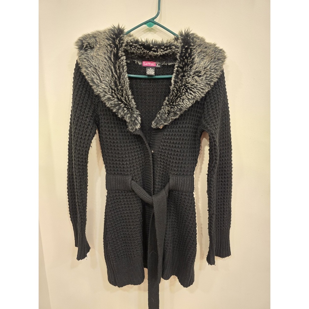 Y2K Say What‎ Faux Fur Shawl Collar Belted Cardigan Sweater 2000s McBling